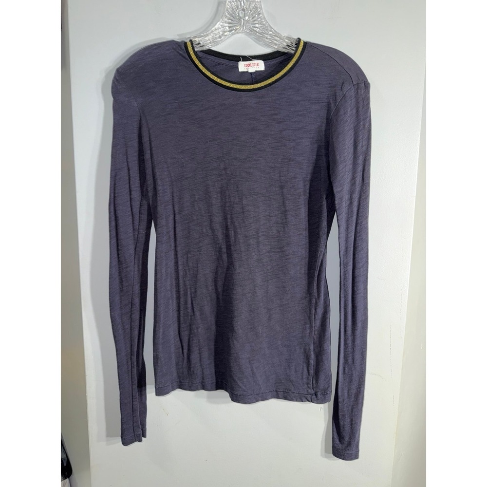 Goldie LeWinter navy blue gold round neck trim long sleeve women's XS stretch